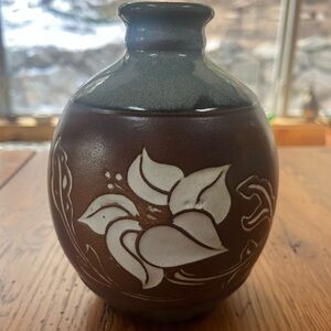 Vintage Pottery Craft USA MCM Bulbous Bud Brown Blue Vase